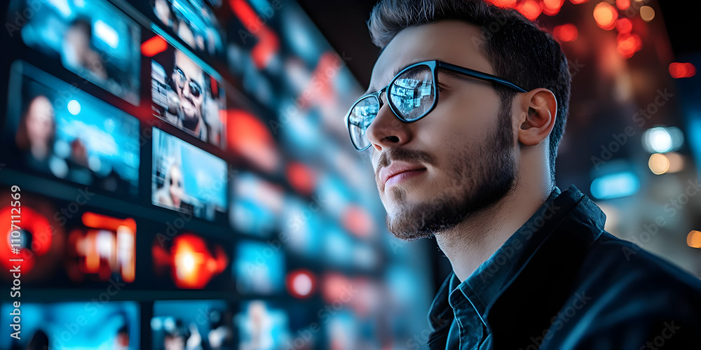 Poster A man in glasses gazes at a wall of screens displaying various visual content.
