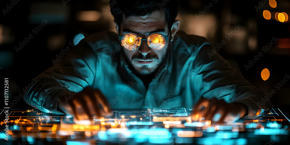 Aufkleber a focused individual interacts with a futuristic digital interface, showcasing technology use.