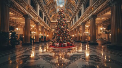 Obraz premium Majestic Christmas Tree Decorated with Colorful Ornaments and Presents in Elegant Hall, Surrounded by Architectural Grandeur and Warm Holiday Lights