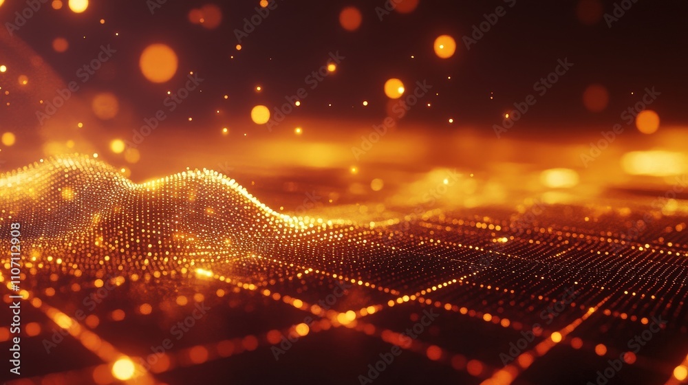 Poster a dynamic digital background with a grid of light particles and floating holograms.