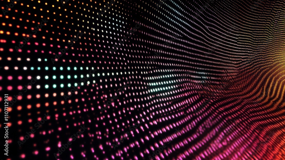 Poster a dynamic digital background with a grid of light particles and floating holograms.