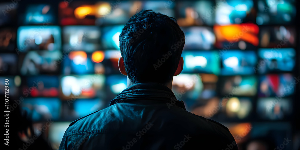 Poster a person gazes at a wall of screens displaying various images and videos.