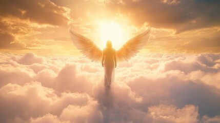 Worship and praise  a vision of faith with humans walking on clouds towards heaven s gate