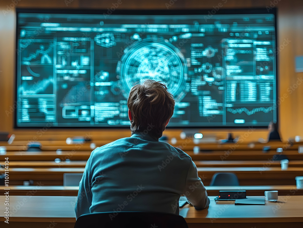 Poster A person observes a large data visualization display in a modern conference room.