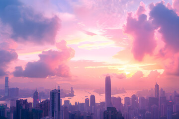 Fototapeta premium Pastel Sunset Over the City-Scape: A Serene Blend of Modern Architecture & Soft Dreamy Tumblr Aesthetics