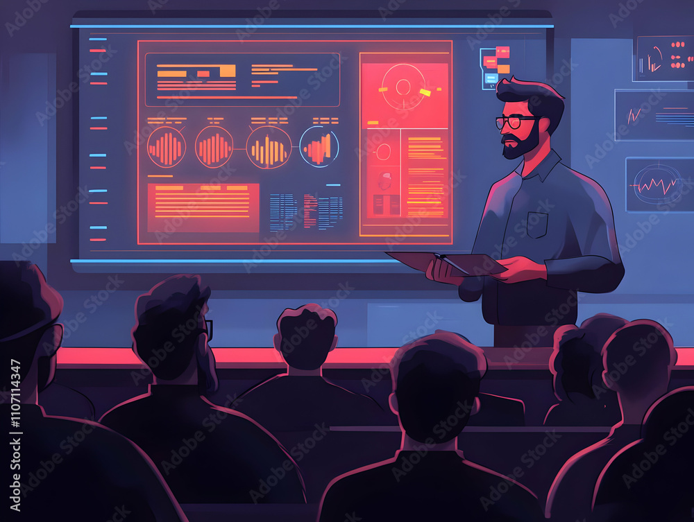 Poster a presenter discusses data insights to an audience in a modern, tech-focused setting.
