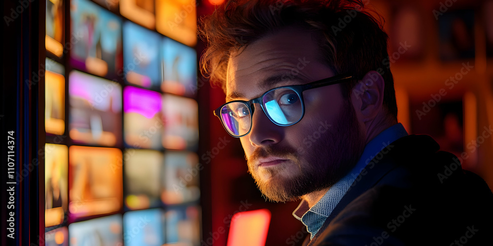 Poster A man with glasses looks intently at a screen displaying various images in a dimly lit room.