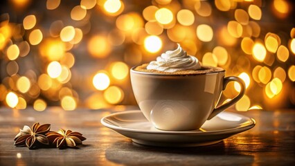 Fototapeta premium Stunning Close-Up of a Coffee Cup with Creamy Foam on a Bokeh Background, Perfect for Coffee Lovers and Beverage Enthusiasts in an Elegant Setting