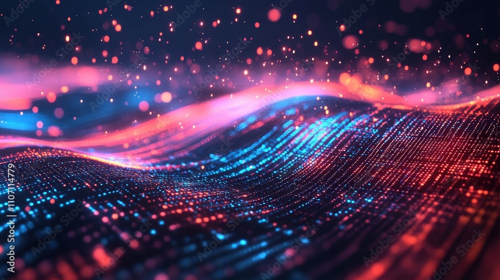 Poster a futuristic digital background with a digital matrix effect, featuring a rain of code and glowing l