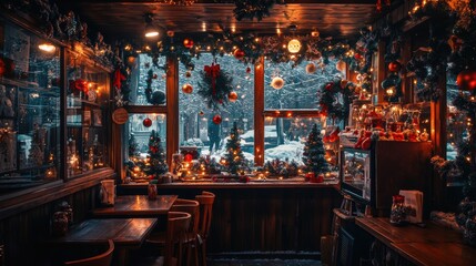 Obraz premium Cozy Festive Interior with Warm Lights and Christmas Decor Creating a Cheerful Atmosphere for Holiday Gatherings in a Rustic Cafe Setting