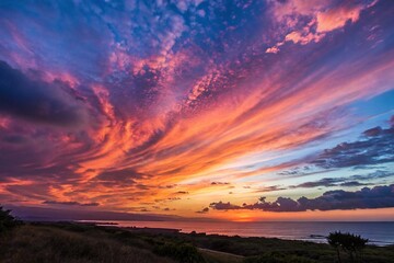 Naklejka premium Vibrant Sunset Sky Blending Warm Hues with a Colorful Background