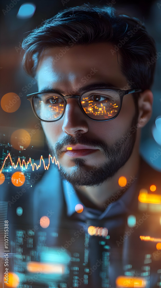 Aufkleber A focused man in glasses gazes at digital data and graphs, symbolizing analytics and insight.