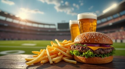 Cheeseburger with lettuce, tomato, and fries on a wooden surface with a glass of beer in a stadium setting. Close-up