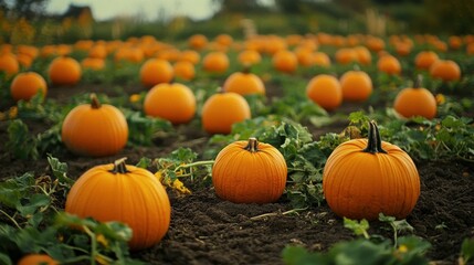A bustling pumpkin patch, its vines sprawling across the fertile soil as bright orange pumpkins of all