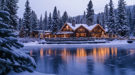 Fototapeta premium Cozy Winter Lodge Surrounded by Snowy Pine Trees with Reflections on Ice, Illuminated by Holiday Lights and a Serene Atmosphere in a Remote Forest Setting