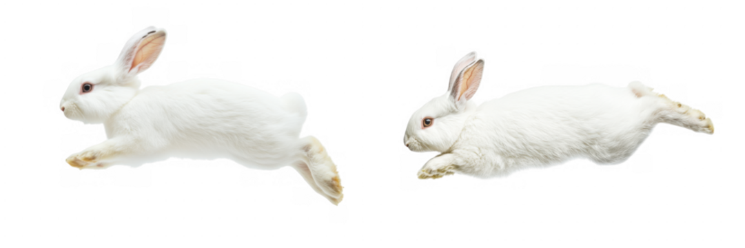 set of adorable white rabbits jumping in mid-air isolated on transparent or white background