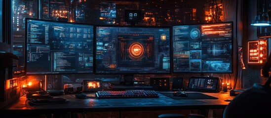 Obraz premium A futuristic workspace with three monitors displaying data and code, a keyboard, and a mouse, all in a dark room with neon lights.