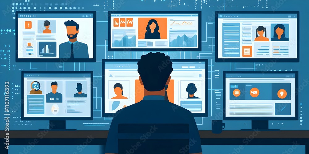 Poster A person analyzing data on multiple screens in a tech-focused workspace.