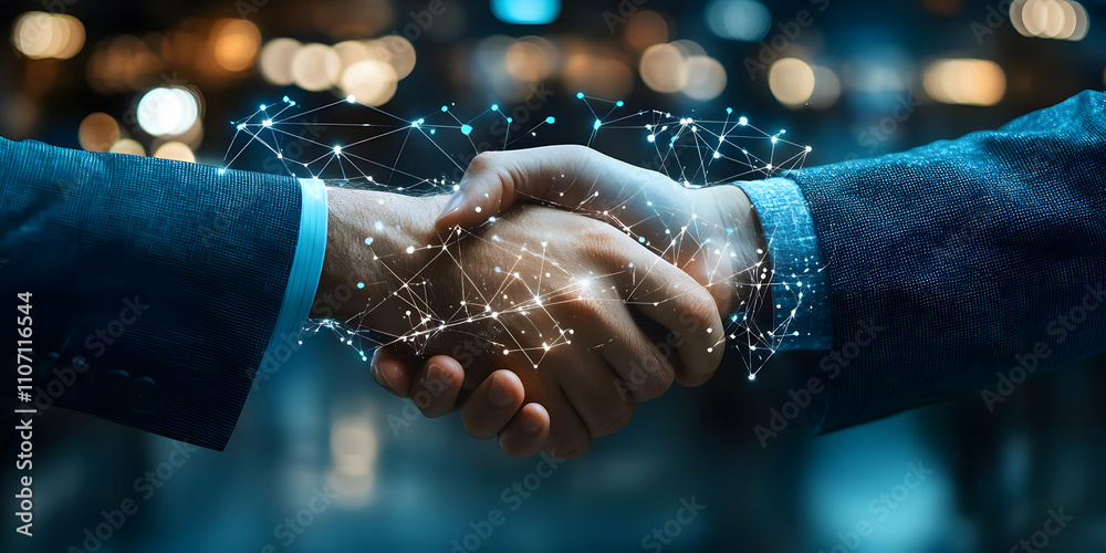 Poster a handshake symbolizing partnership with a digital network overlay.