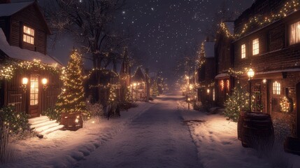 Enchanted Winter Village at Night with Snow, Twinkling Lights, and Holiday Decorations Creating a Magical Atmosphere in a Cozy Scene