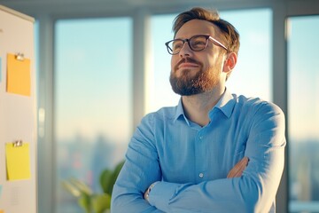 Obraz premium A man with glasses smiles confidently while standing in an office environment, bathed in natural light, suggesting a positive and relaxed atmosphere.