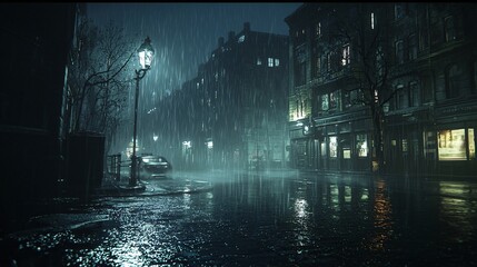 Mystical Urban Nightscape: Foggy City Street with Shimmering Streetlights and Rain Reflections