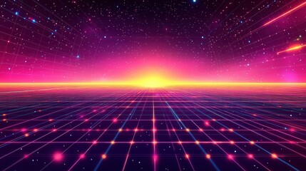 A high-tech digital background with a grid of glowing lines and dots, resembling a digital map or virtual world.