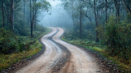 Enigmatic Journey: Mysterious Dirt Road Through Eerie Forest with Fog and Skeleton Trees
