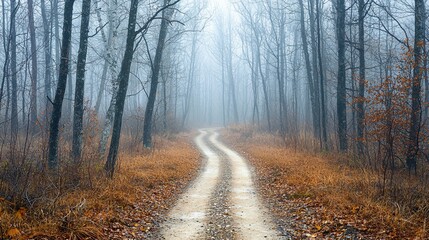Enshrouded Path: Mysterious Dirt Road Through Foggy Forest with Skeleton Trees