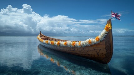 Traditional Hawaiian Canoe Adorned with Flowers

