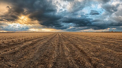 Eerie Desolation: Barren Field under Ominous Sky