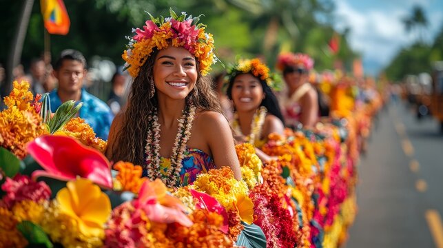 Women in Traditional Hawaiian Parade with Flowers
