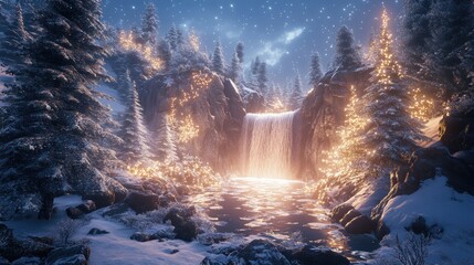 Fototapeta premium Enchanting Winter Scene with Waterfall Surrounded by Snowy Trees and Glowing Lights in a Serene Night Setting