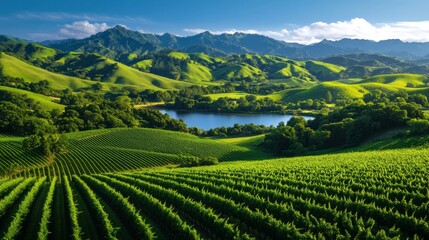 Expansive Vineyard with Rolling Green Hills and Mountain Lake