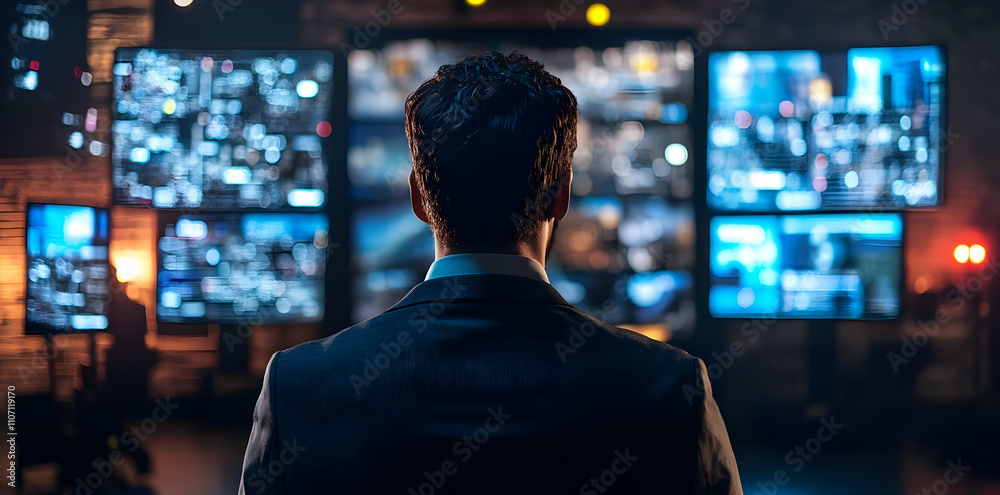Poster A person in a suit observes multiple screens displaying cityscapes and data.