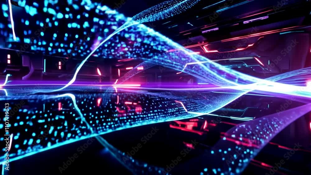 Poster dynamic digital data streams vibrant wave patterns inspired by particle physics in futuristic enviro