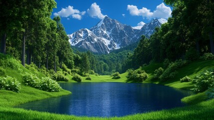 Serene Alpine Lake with Snow-Capped Mountain Views and Lush Forest