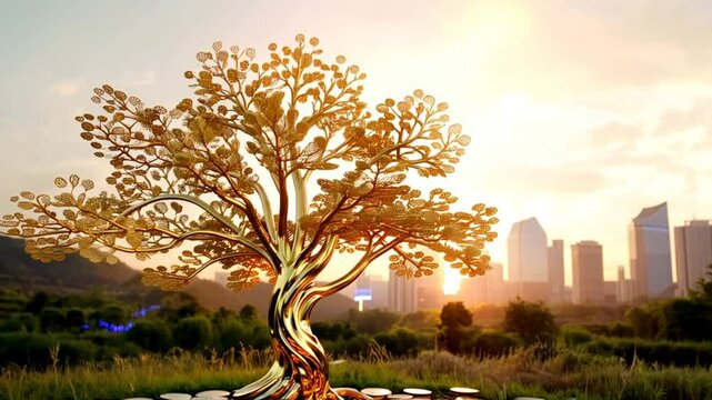 Golden tree of wealth and prosperity grows from coins, reflecting stock market growth against vibrant skyline, merging finance and nature for brighter future.
