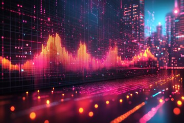 Abstract digital cityscape with glowing lines and data visualization.