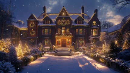 Captivating Winter Wonderland: A Stunning Historic Mansion Adorned with Festive Holiday Lights and Snow-Covered Landscape in a Magical Evening Atmosphere