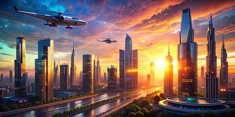 Stunning Futuristic Cityscape at Sunset with Dynamic Flying Objects, Showcasing a Blend of Advanced Architecture and Vibrant Skies in a Dystopian Yet Hopeful Atmosphere