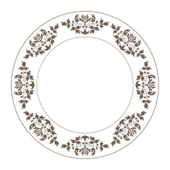 Beautiful round frame arabesques. Golden white plate with floral design. Vintage, ethnic vector frame with arabesques.EPS. Pattern frame for round surfaces, household utensils, textiles, embroidery