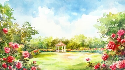 Fototapeta premium watercolor garden background, spring and summer background with copy space for text - landscape with plants, leaves, flowers - background for banner, greeting card, poster.