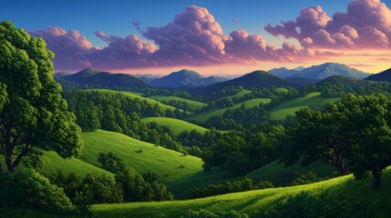 Naklejka premium Rolling Green Hills with Majestic Mountains and Vibrant Sunset Sky