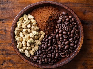 Fototapeta premium Aromatic coffee beans, ground coffee, and cardamom pods in a rustic wooden bowl. A high-angle, close-up shot showcasing the rich colors and textures of these ingredients.