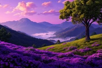 Obraz premium Picturesque Lavender Field with Rolling Hills and Mountain Views at Sunset
