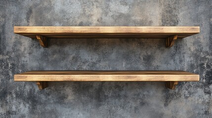 Two wooden shelves on a gray concrete wall, providing a rustic and minimalist display space.