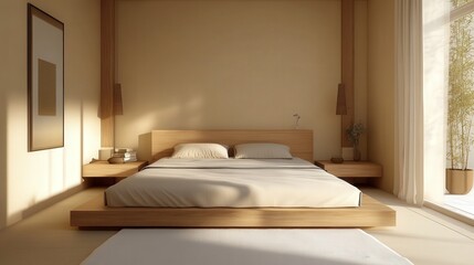 A minimalist master bedroom with a platform bed, minimal wall art, and simple wooden furniture.
