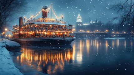 Cozy winter scene of a beautifully decorated steamboat adorned with festive lights, glistening in the snowfall near a city skyline at dusk.