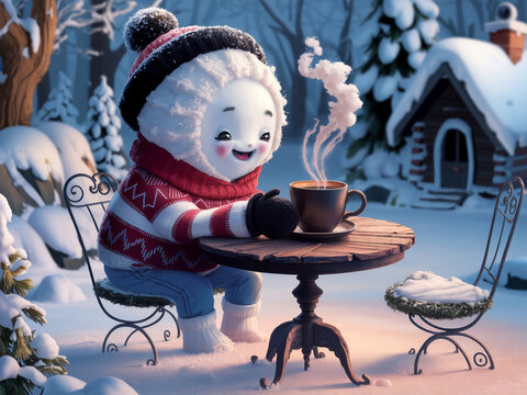 catoon snowman with cup in the garden